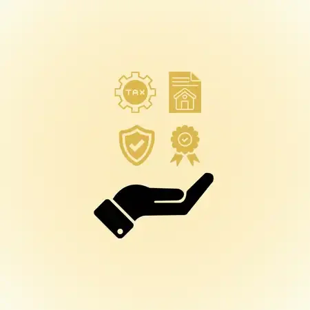 Icons representing LLC benefits such as tax savings, asset protection, and compliance for real estate owners