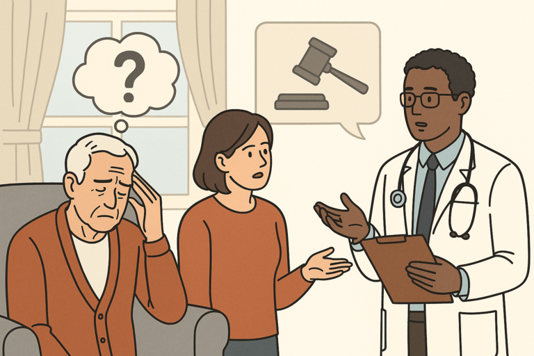 An elderly man looks confused with a question mark above his head, while a woman consults a doctor holding a clipboard, symbolizing incapacity and the need for guidance.