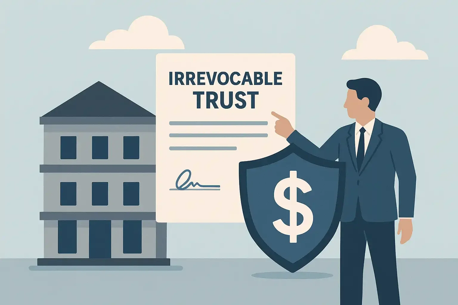 Illustration showing a businessman pointing to a trust document with a shield featuring a dollar sign, representing how a Domestic Asset Protection Trust (DAPT) works.