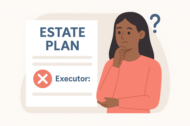 Concerned woman looking at an estate plan with an incorrect executor marked by a red 'X,' symbolizing the mistake of choosing the wrong person to manage your estate.