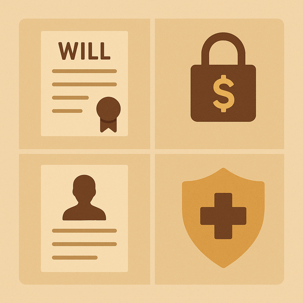 Four-part illustration showing a will, trust symbol, power of attorney, and healthcare directive representing estate plan components