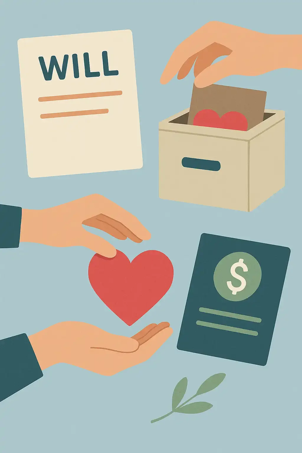Illustration of different types of charitable giving in estate planning, including wills, trusts, and donations represented by hands passing a heart