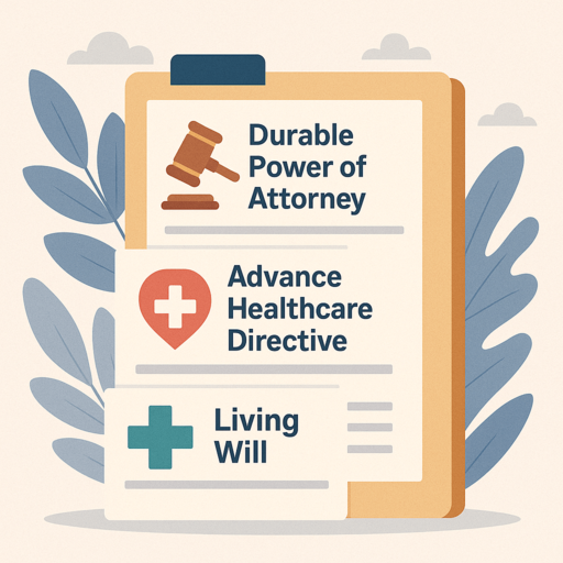 A folder containing labeled documents: Durable Power of Attorney, Advance Healthcare Directive, and Living Will, surrounded by abstract leaves and clouds.