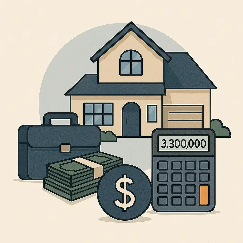 Illustration of real-life estate valuation example with a house, briefcase of money, calculator showing 3.3 million, and dollar coin to depict taxable estate calculation.