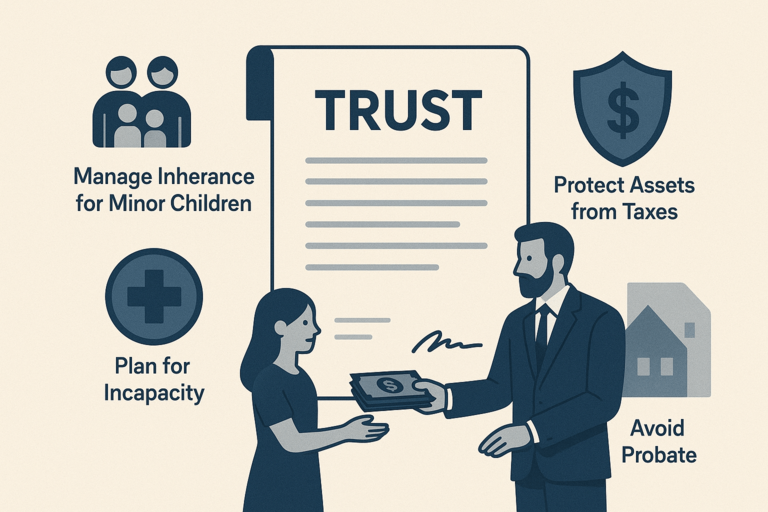Infographic illustrating benefits of a trust in estate planning including tax savings, probate avoidance, and minor protection