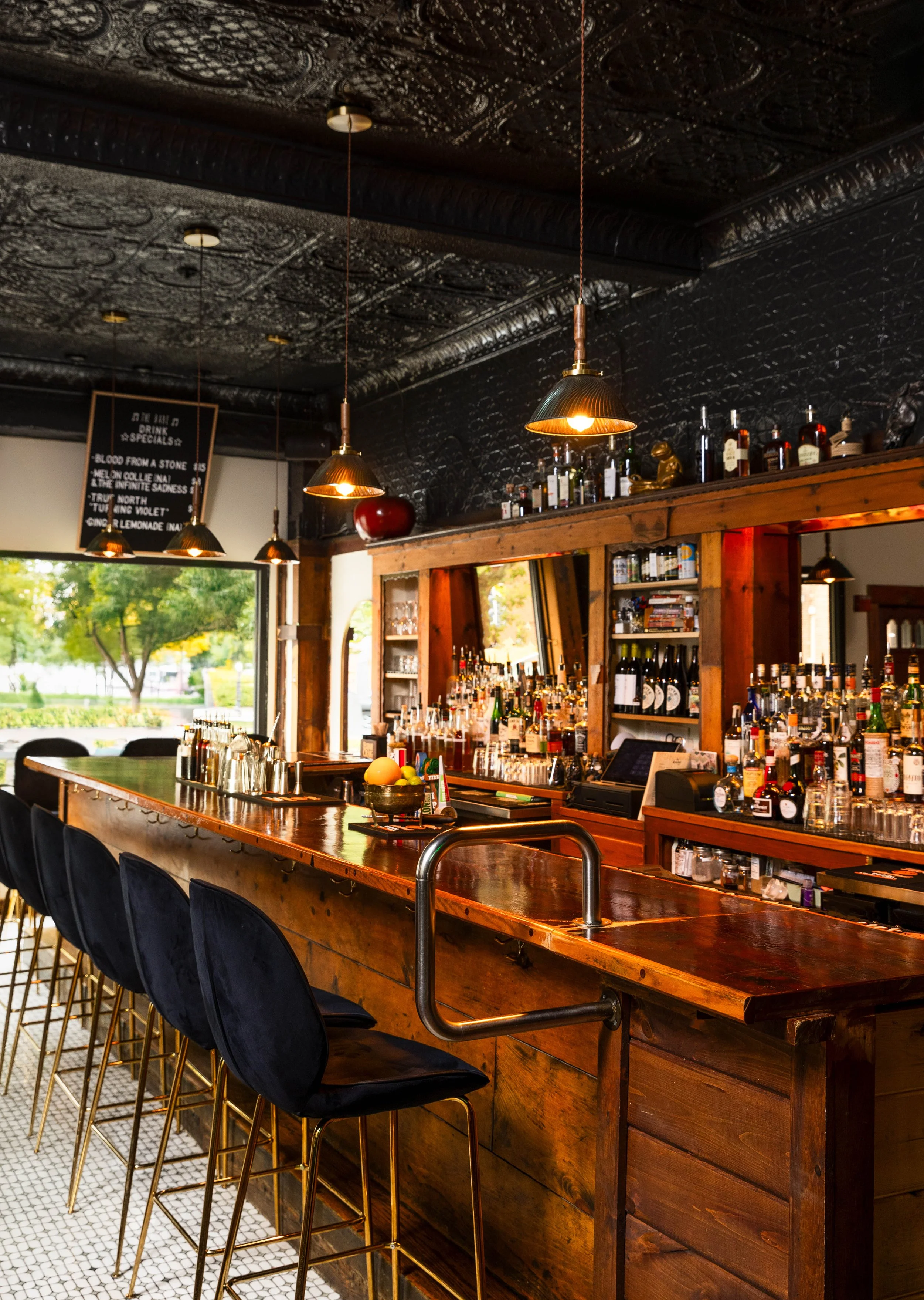 The bar and dining room at The Babe, a private event venue in downtown Salem, MA