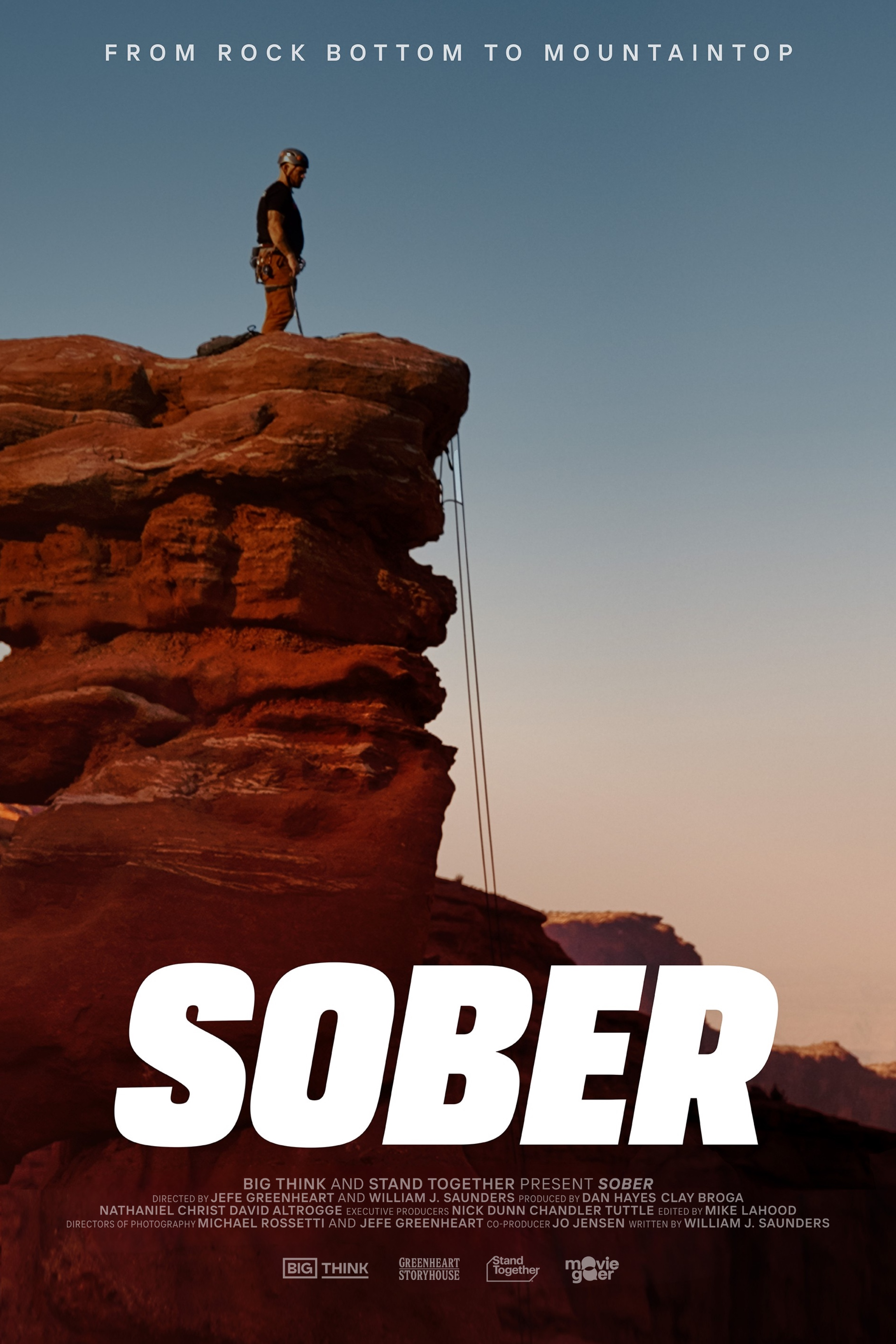 SOBER film poster showing a climber on a red rock cliff above the desert