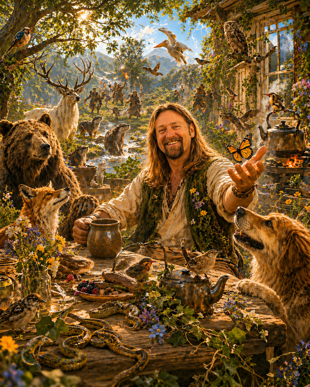 A painted scene of a long-haired, bearded man laughing at a rustic wooden table in a sunlit forest, a butterfly landing on his open hand. A bear, a fox, a white stag, a golden dog, owls and songbirds gather around him, and snakes curl among wildflowers on the table.