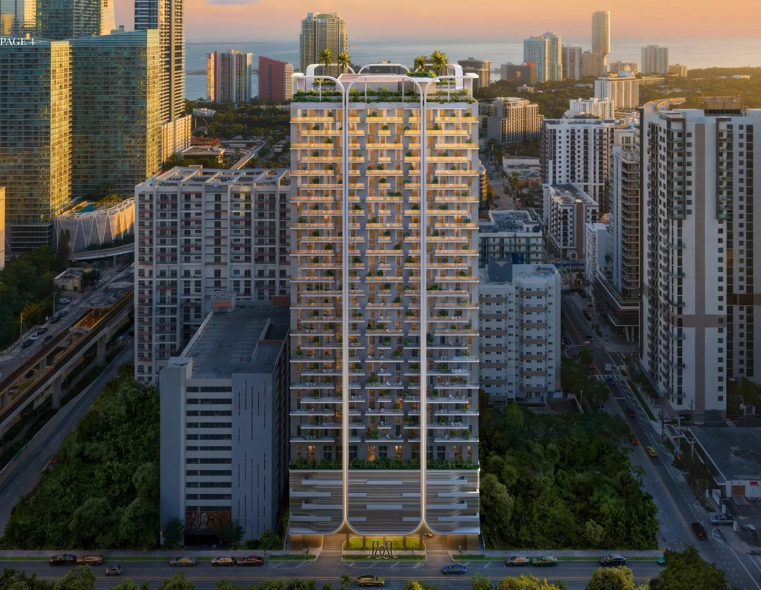 Torre do House of Wellness em Brickell ao entardecer, vista aérea (ilustração artística)