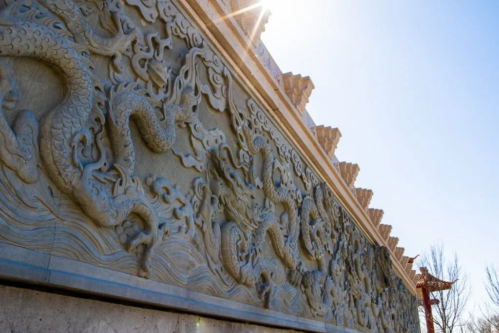 The carved dragons of the Nine Dragon Wall in Edmonton