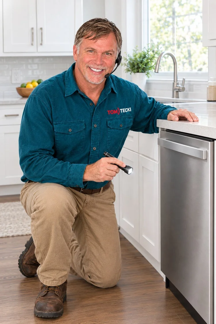 Tomtecki technician with a flashlight beside a stainless dishwasher in a San Antonio kitchen