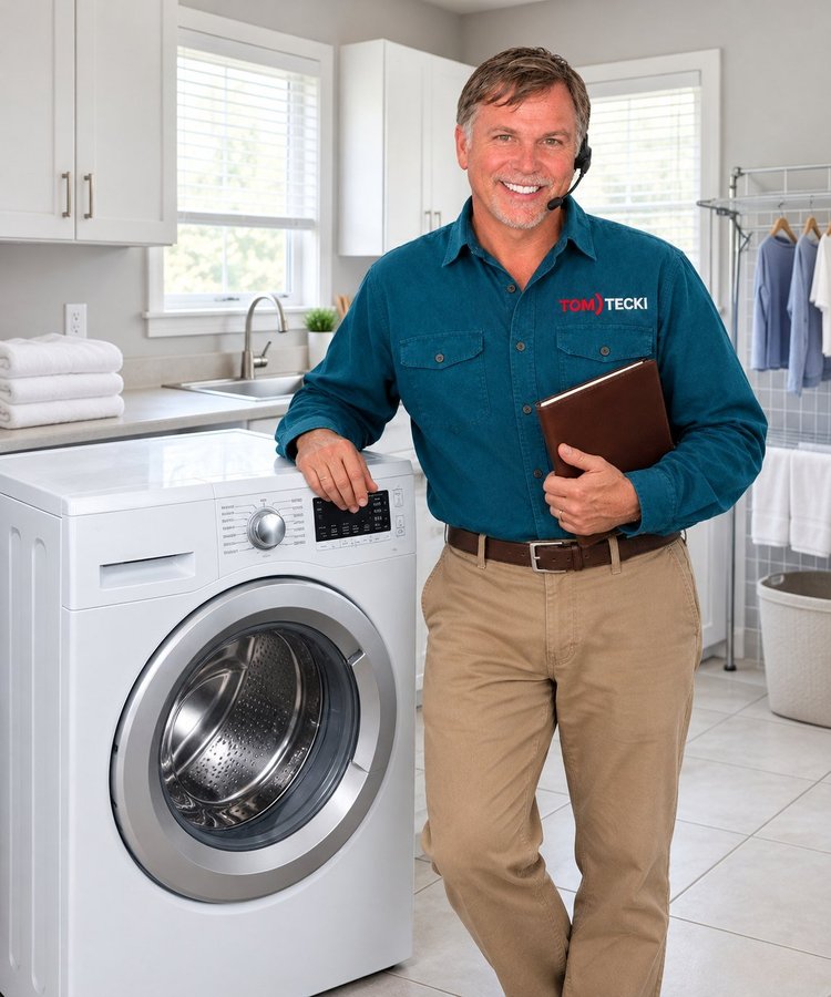 Tomtecki appliance repair technician with a front-load washer in a San Antonio laundry room