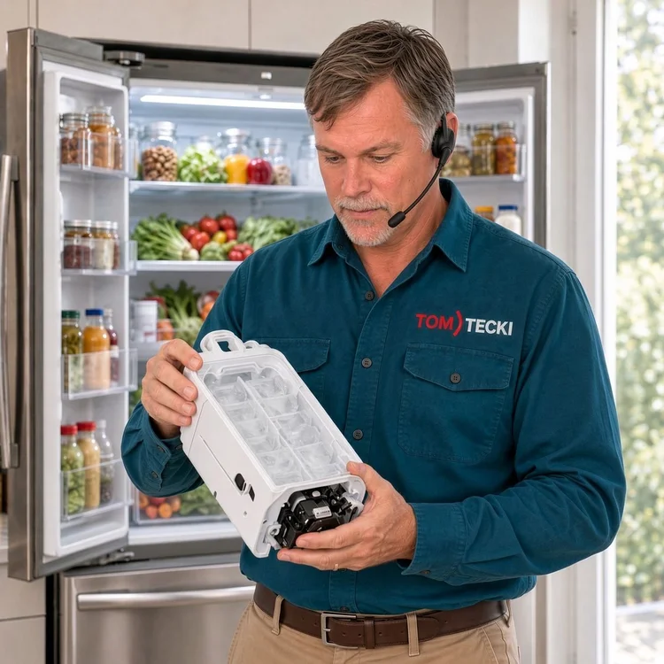 Tomtecki technician with a headset inspecting a refrigerator ice maker during an ice maker repair in San Antonio