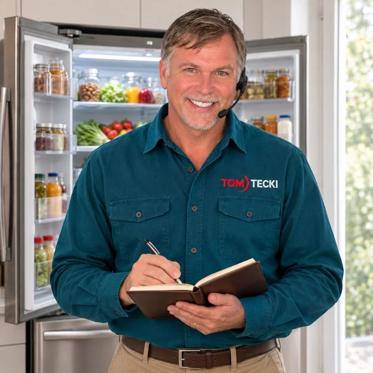 Tom, owner of Tomtecki Appliance Repair, with a headset and notebook in front of an open refrigerator in a San Antonio kitchen