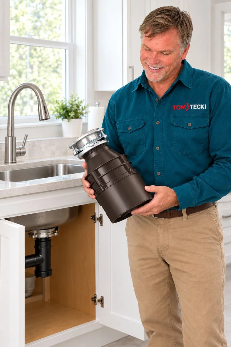 Tomtecki technician holding a new garbage disposal beside a kitchen sink in San Antonio
