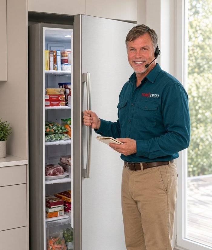 Tomtecki freezer repair technician with a headset opening an upright freezer in a San Antonio home