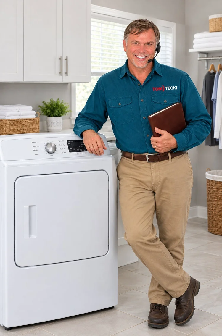 Tom, owner of Tomtecki and a Timberwood Park resident, with a headset in a laundry room