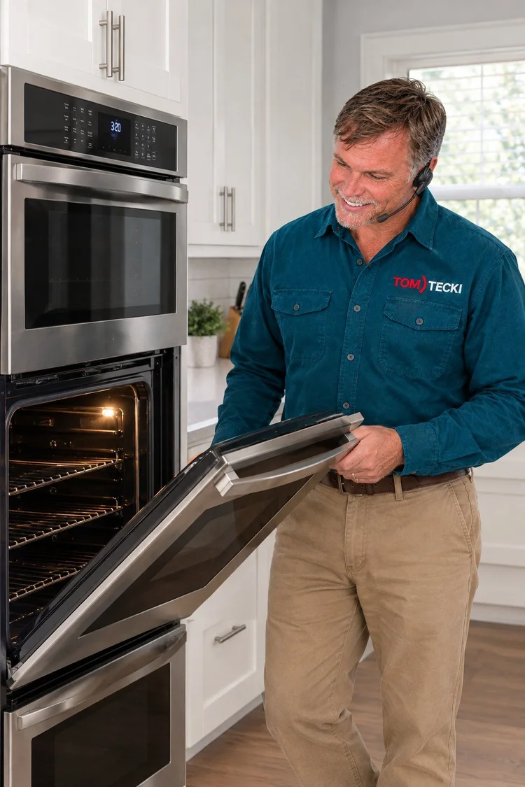 Tomtecki technician checking an electric double wall oven in a San Antonio kitchen