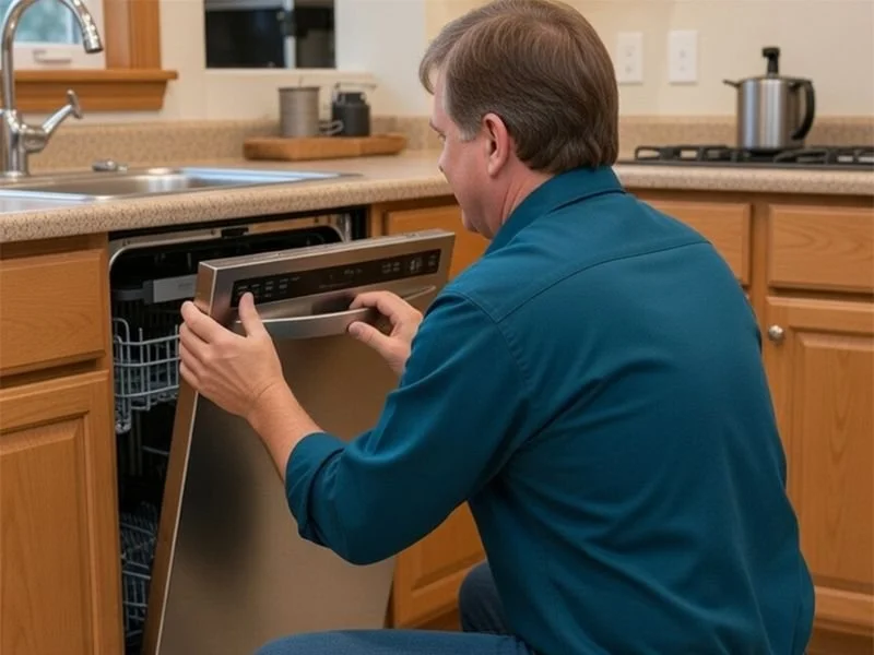 Tom repairing a dishwasher in a San Antonio kitchen