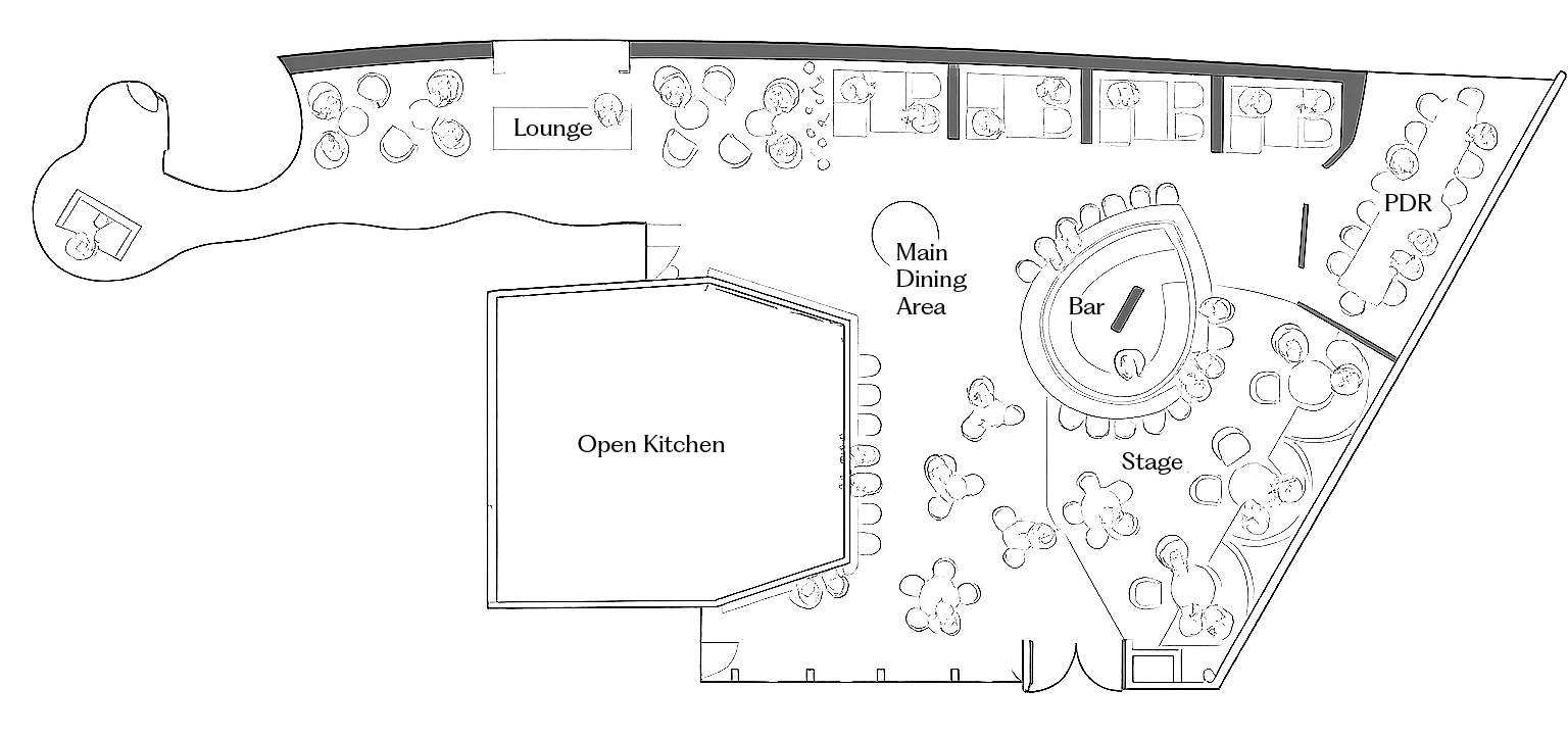 Aniba venue floor plan showing the Lounge Bar, Main Dining Area, Stage Dining Area, and Private Dining Room