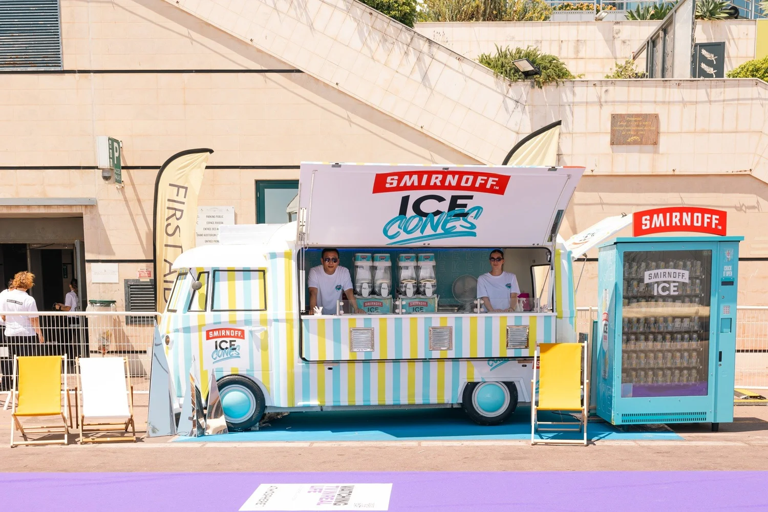 Striped Smirnoff Ice branded truck at Cannes Lions