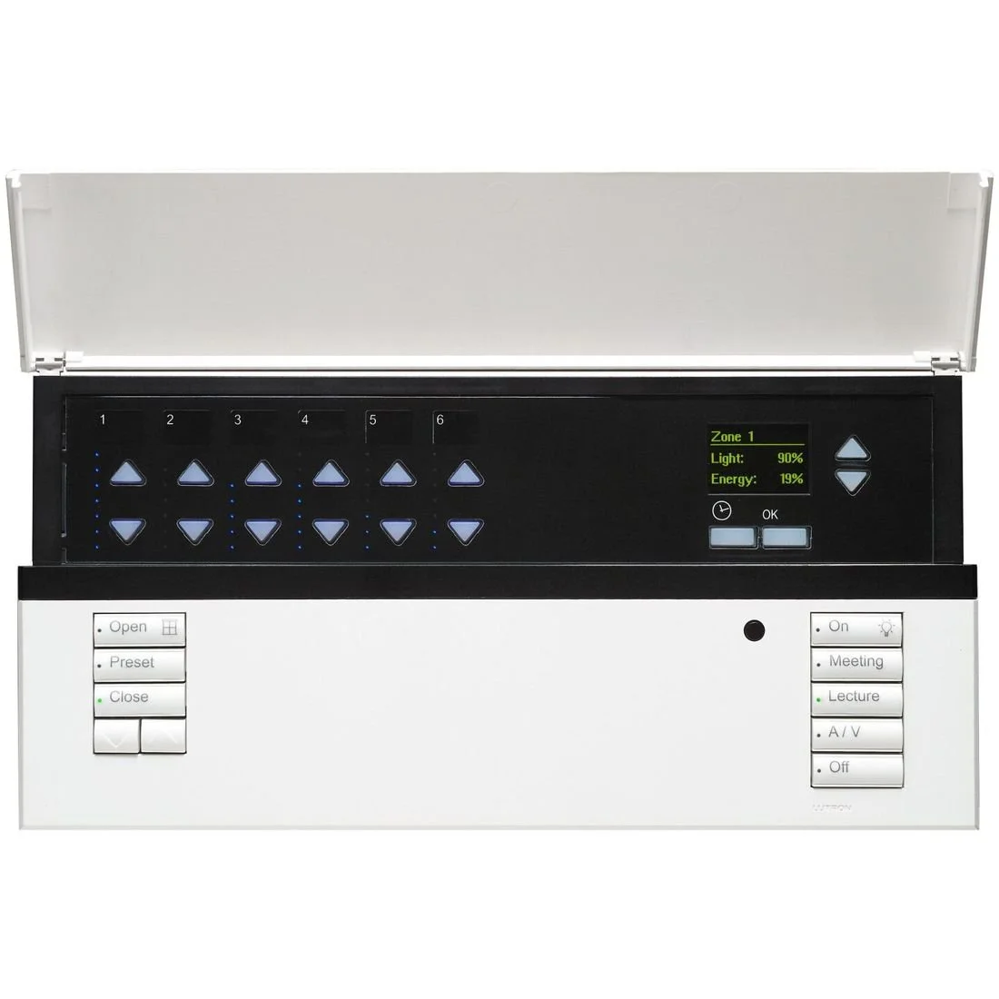 GRAFIK Eye QS with the door open showing six zone dimmer buttons and a display