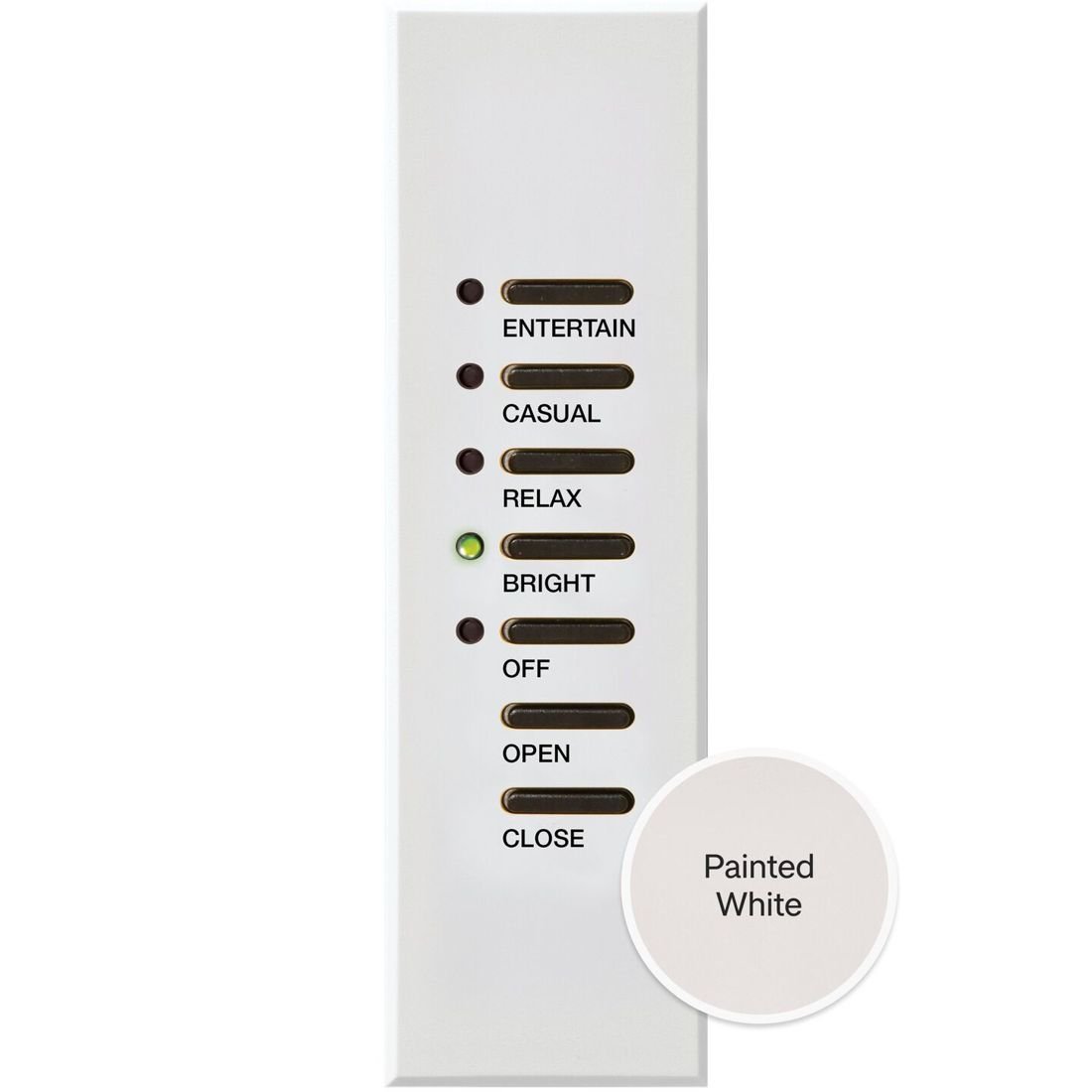 Architrave 5-button keypad in painted white with scene labels Entertain, Casual, Relax, Bright, Off