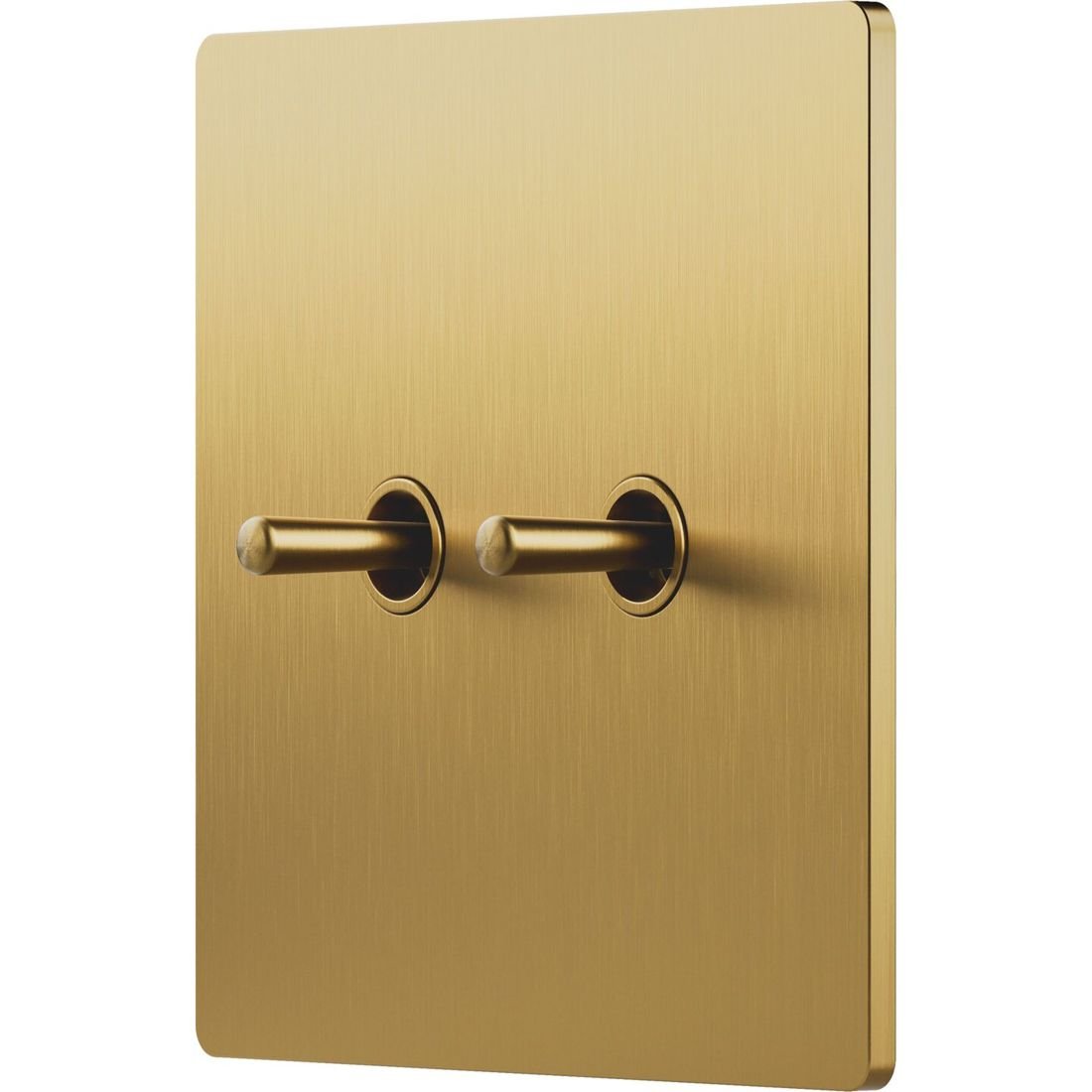 Aviena two-toggle keypad in Brushed Brass seen at an angle