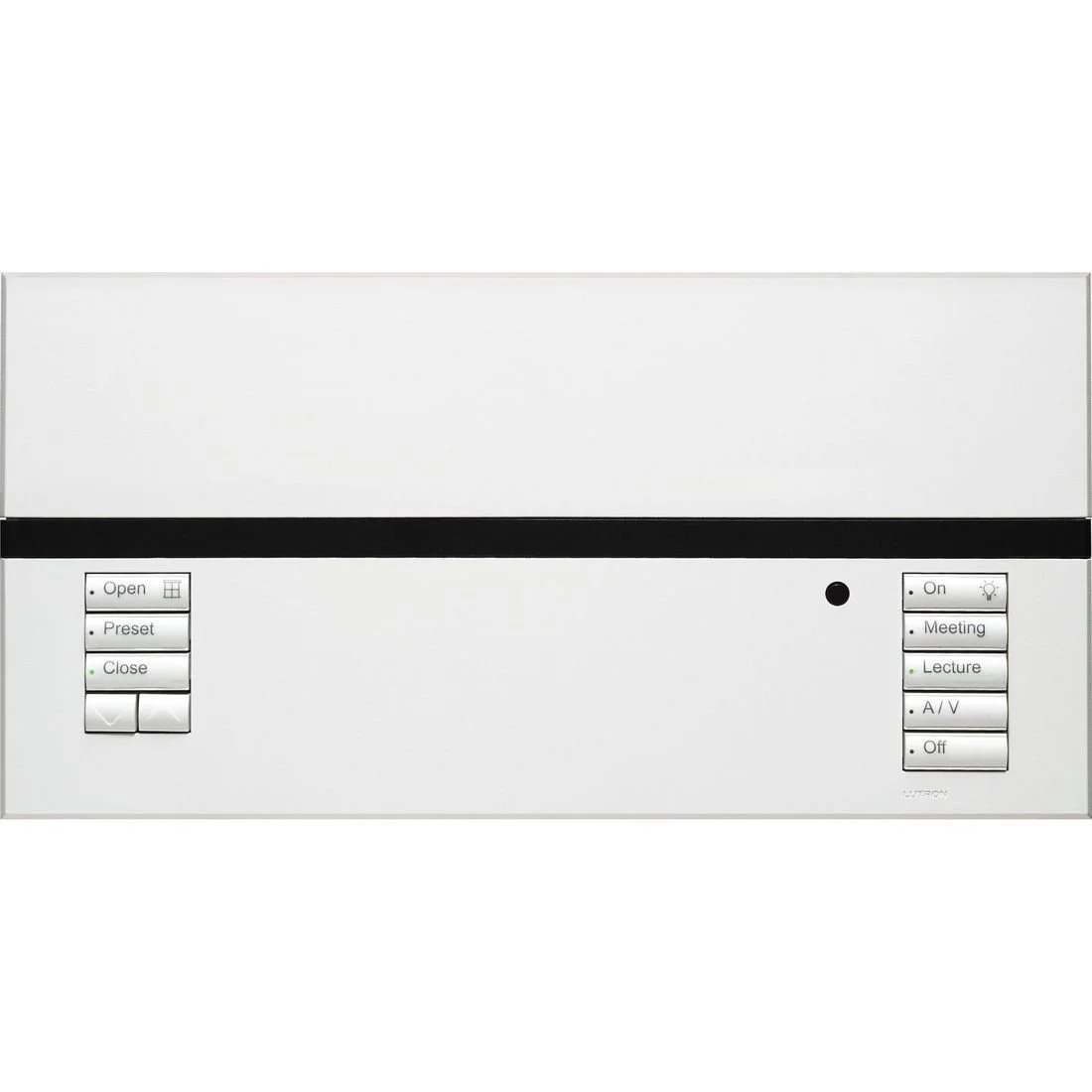 GRAFIK Eye QS six-zone control unit in white with shade and scene buttons