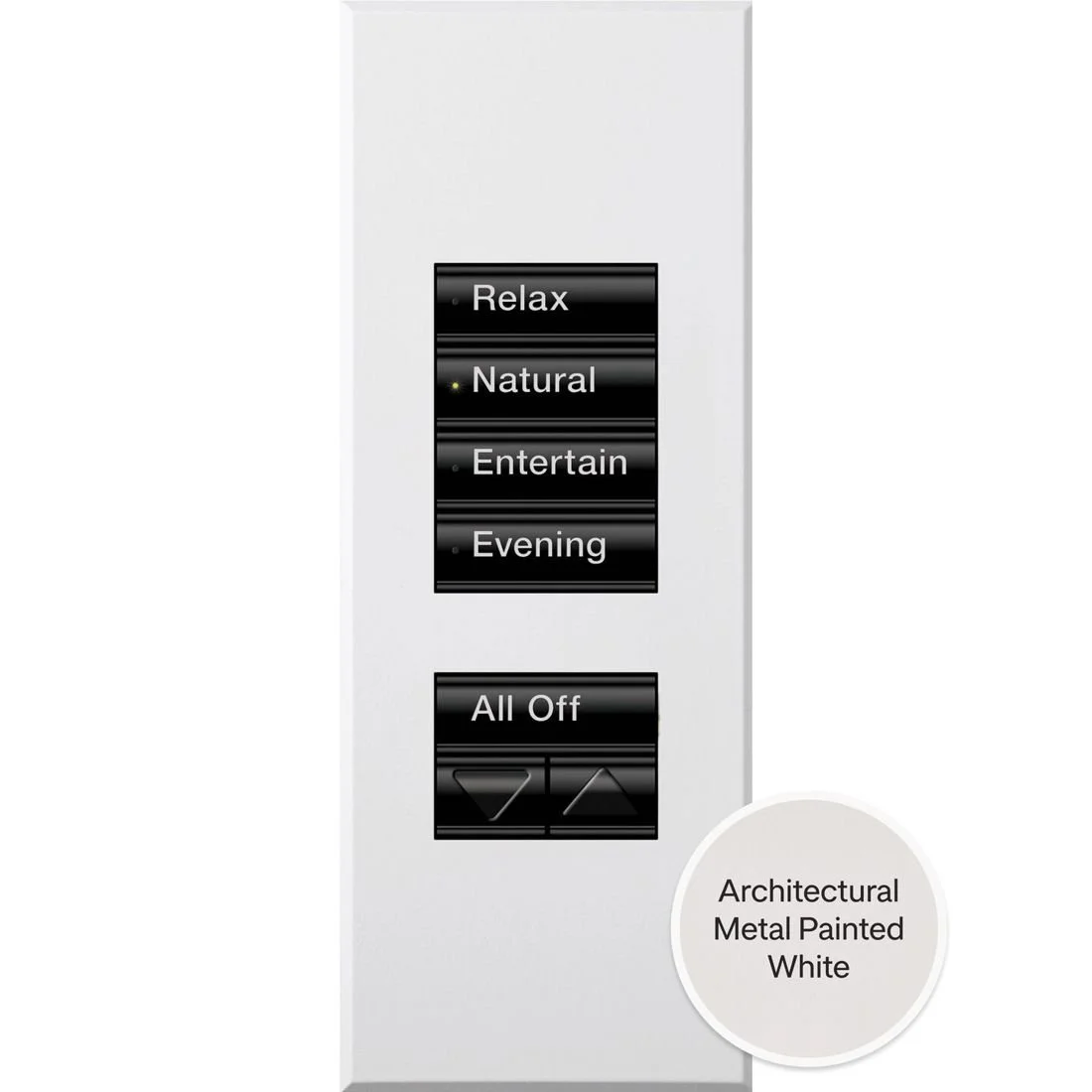 Signature Series keypad in painted white with four scene buttons and a raise and lower pair