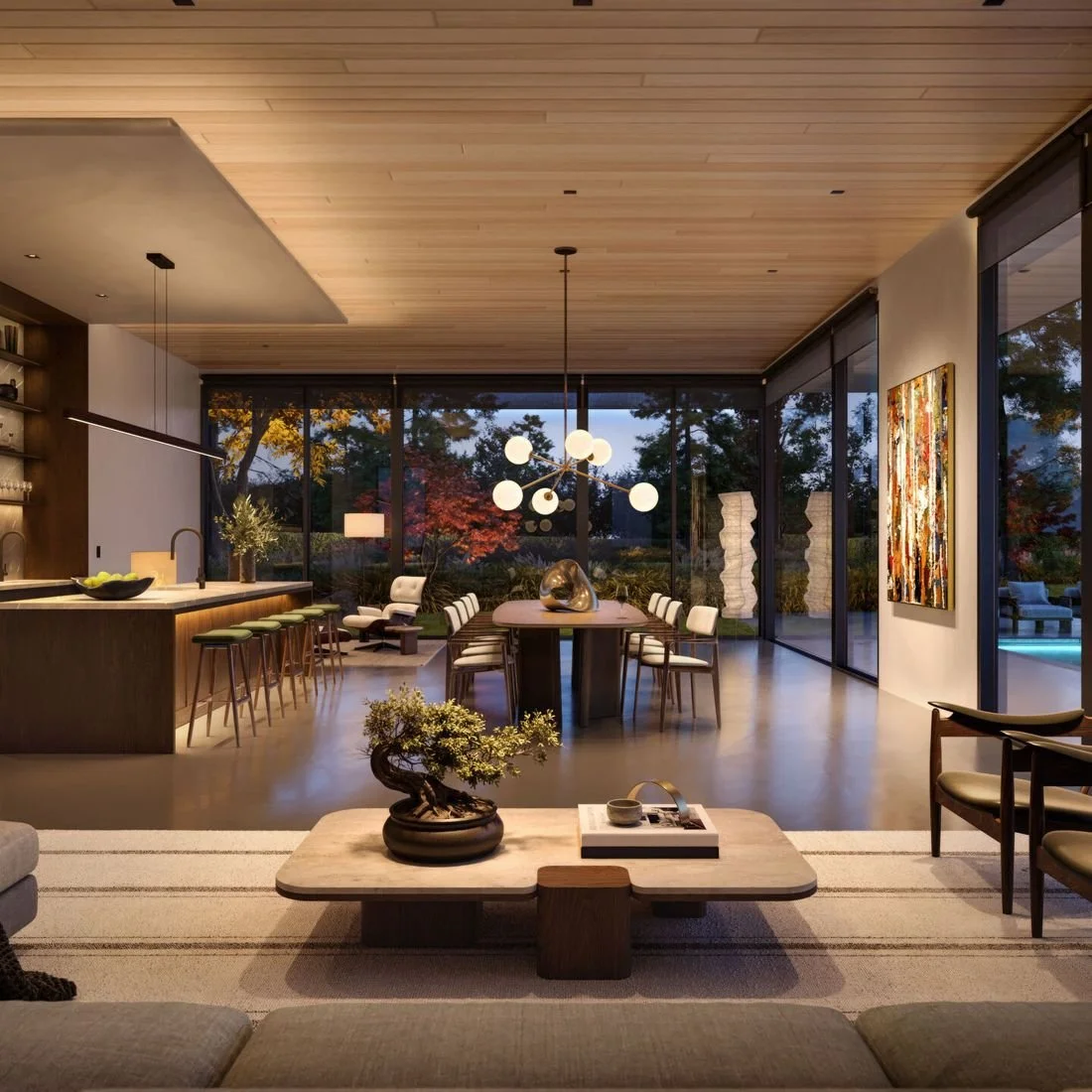 Great room with wood ceiling, pendants, and floor-to-ceiling glass