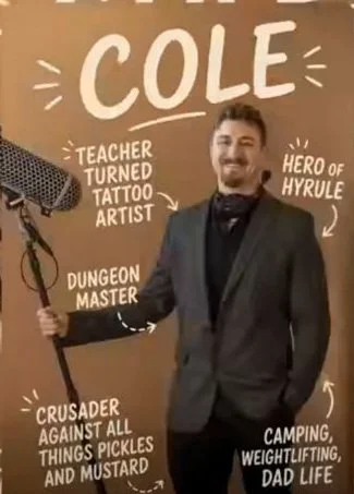 Cole Beebe holding a boom microphone, with handwritten notes about his interests.