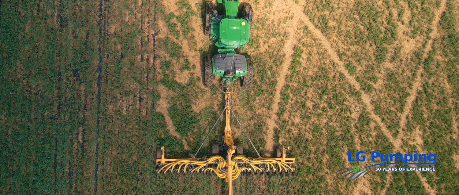 Aerial view of LG Pumping tractor and manure application equipment in a Nebraska field