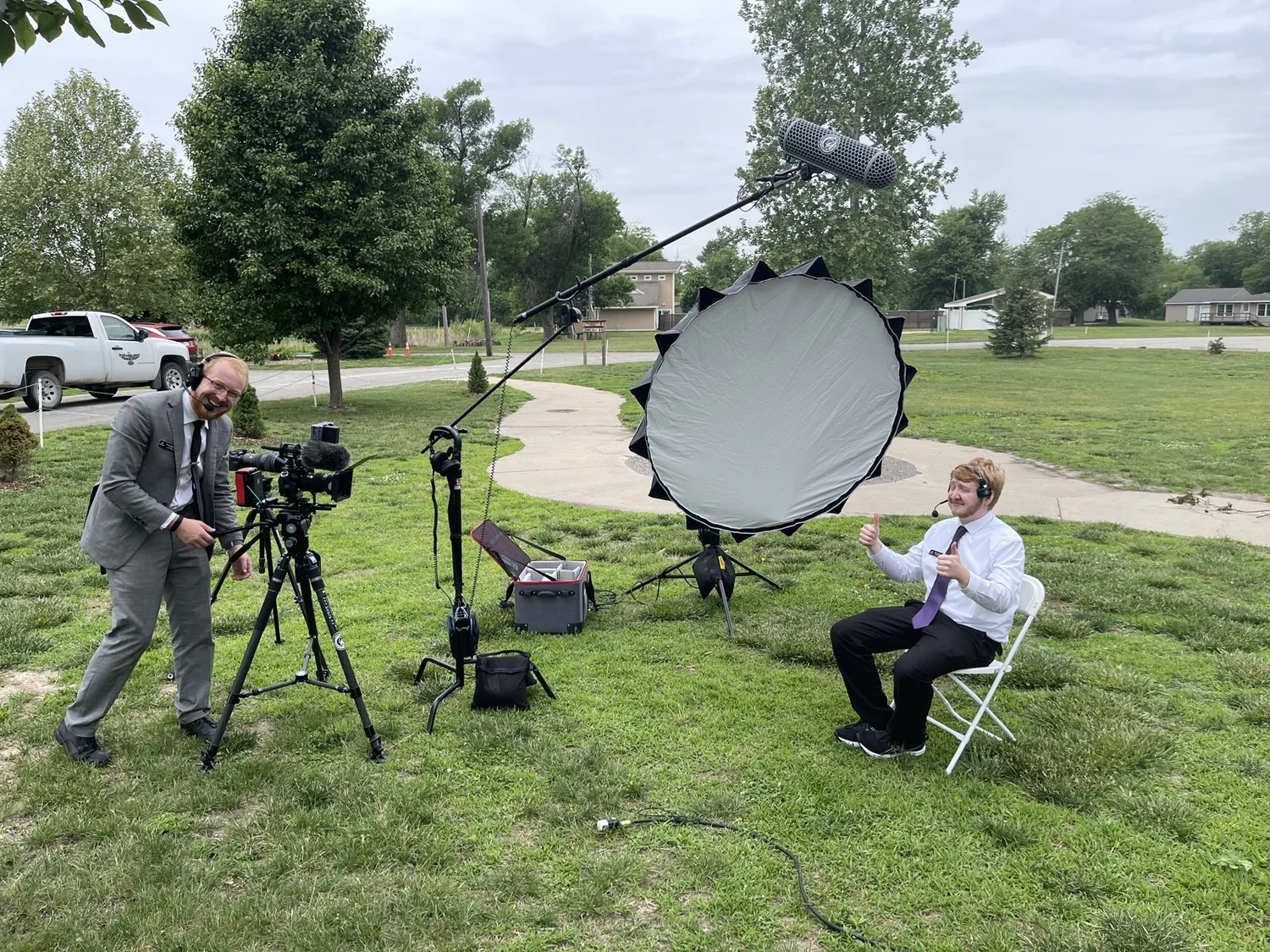 Fox Brush Films setting up cameras, lighting and audio for an outdoor interview