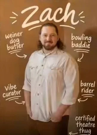 Zach Halsey in a team portrait with handwritten hobby notes.