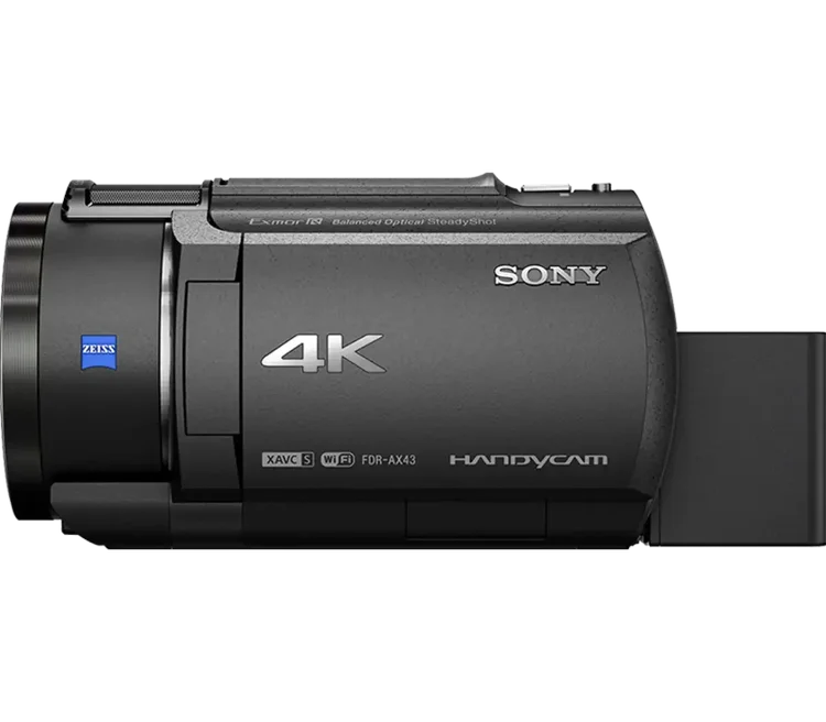 Sony FDR-AX43A 4K Handycam with its screen open.