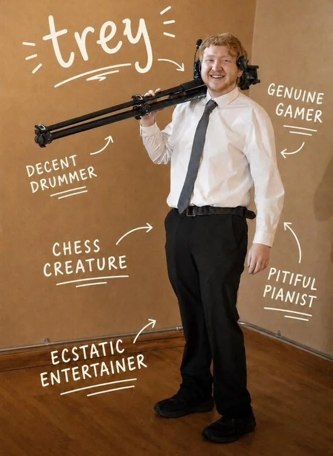 Trey McQuay smiling with a tripod over his shoulder and handwritten hobby notes.