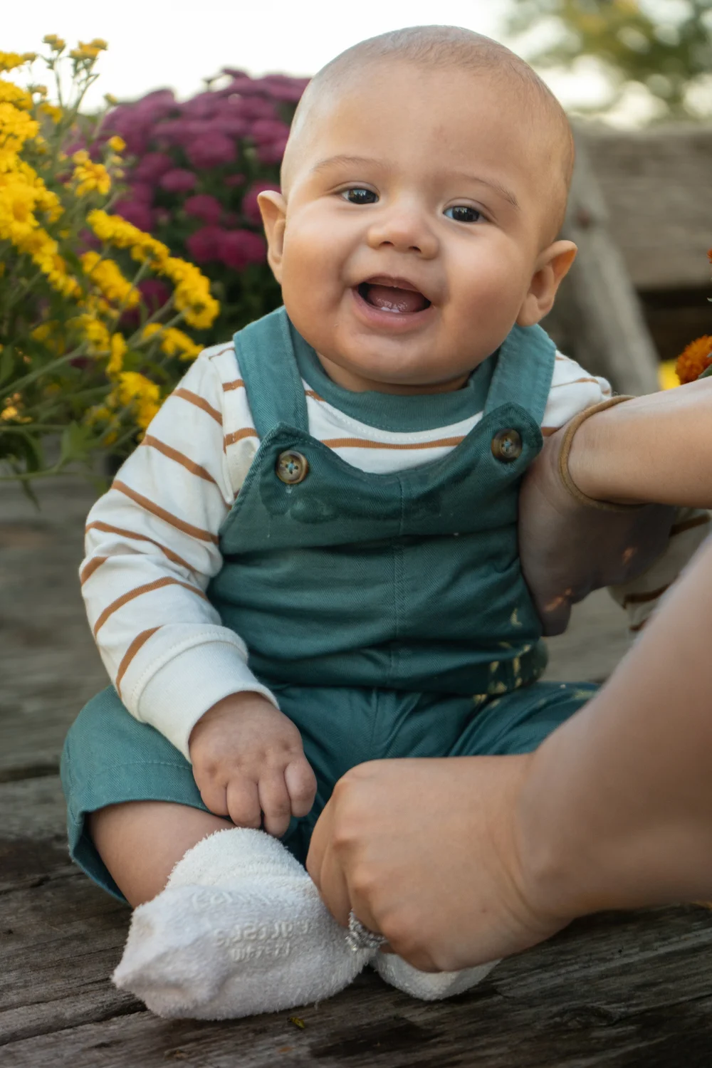 A baby in teal overalls sitting on outdoor steps with flowers behind them at Poppy’s Pumpkin Patch.