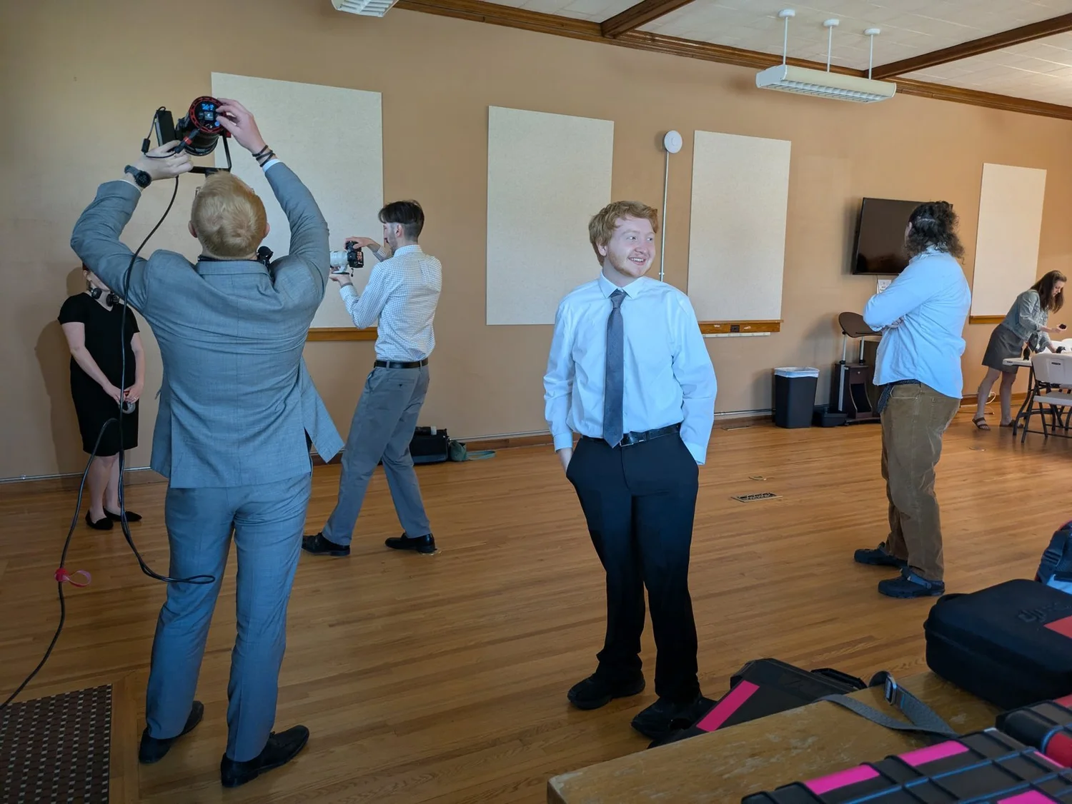 Fox Brush Films teammates practicing camera movement together during a training day in Wausa, Nebraska.
