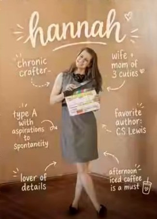 Hannah McQuay holding a film slate, surrounded by handwritten interests.