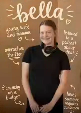 Isabella Robinson smiling with headphones around her neck and handwritten interests.