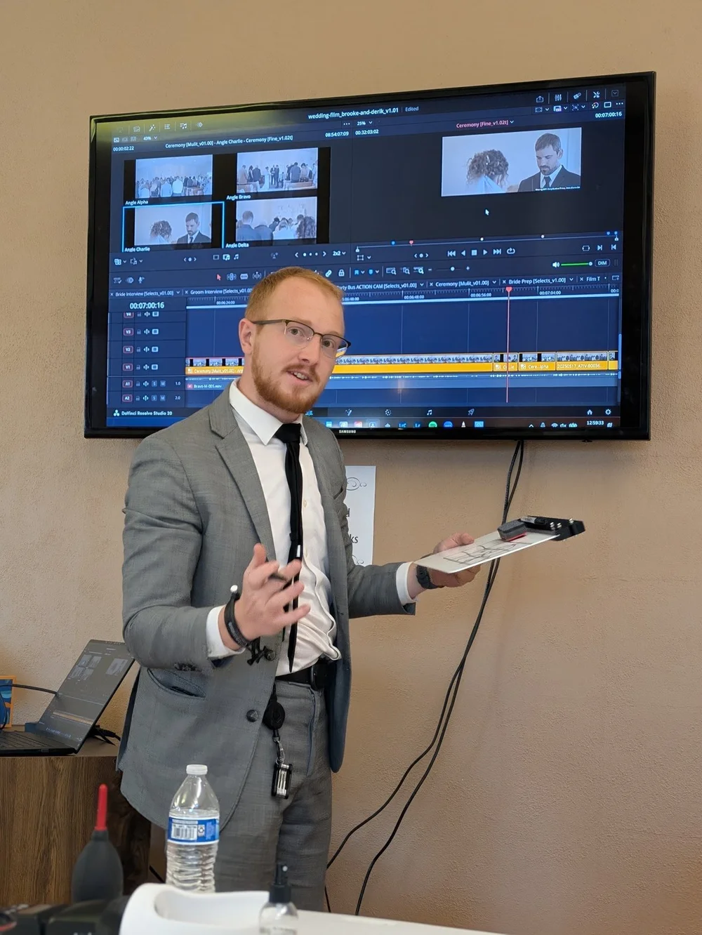 Trevor explaining a video editing timeline during in-house team training.