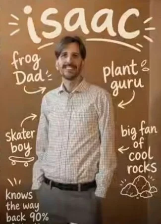 Isaac Baker in a team portrait with handwritten notes about plants and his interests.