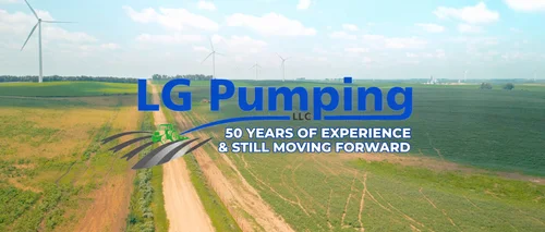 Nebraska fields and a rural road beneath the LG Pumping logo and the words 50 years of experience and still moving forward.
