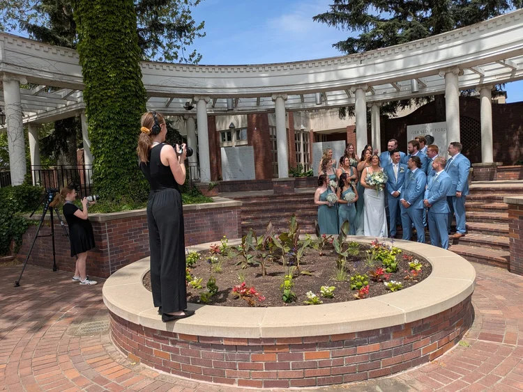 Behind the scenes as the Fox Brush Films team photographs Grace and Alex’s wedding portraits.
