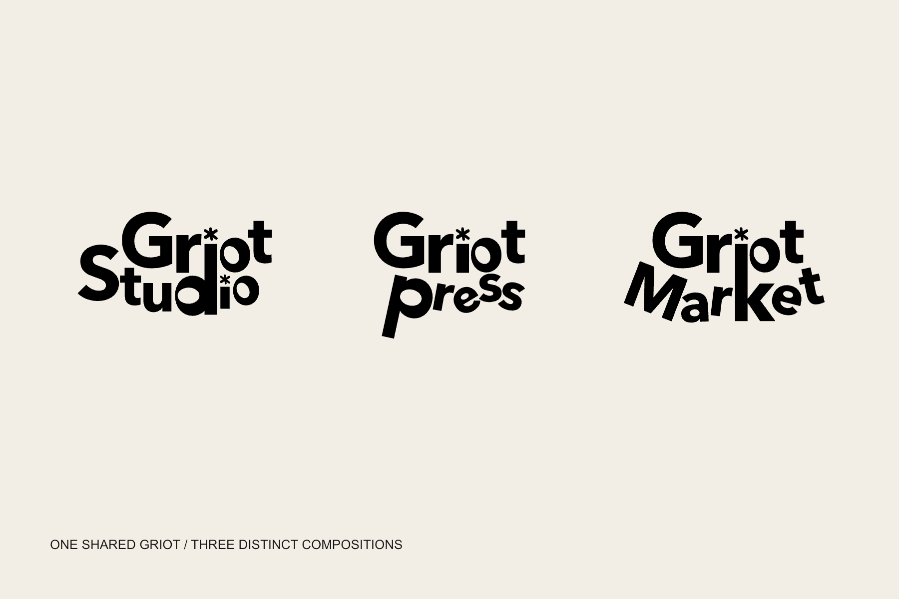 The Griot Studio, Griot Press, and Griot Market logos at equal shared-Griot height, with heavy asterisks replacing the dots on the i.