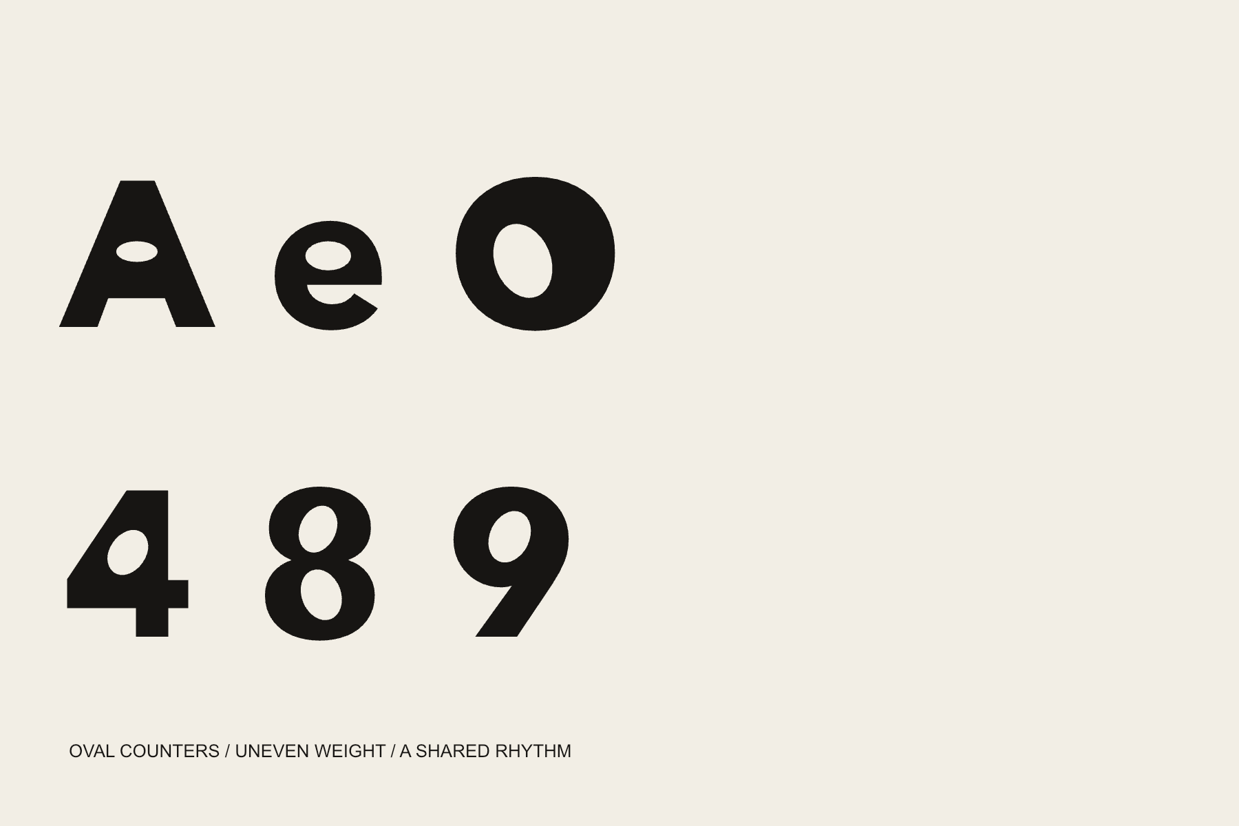 A, lowercase e, and O above the numerals 4, 8, and 9, showing differently angled oval openings within the bold black forms.