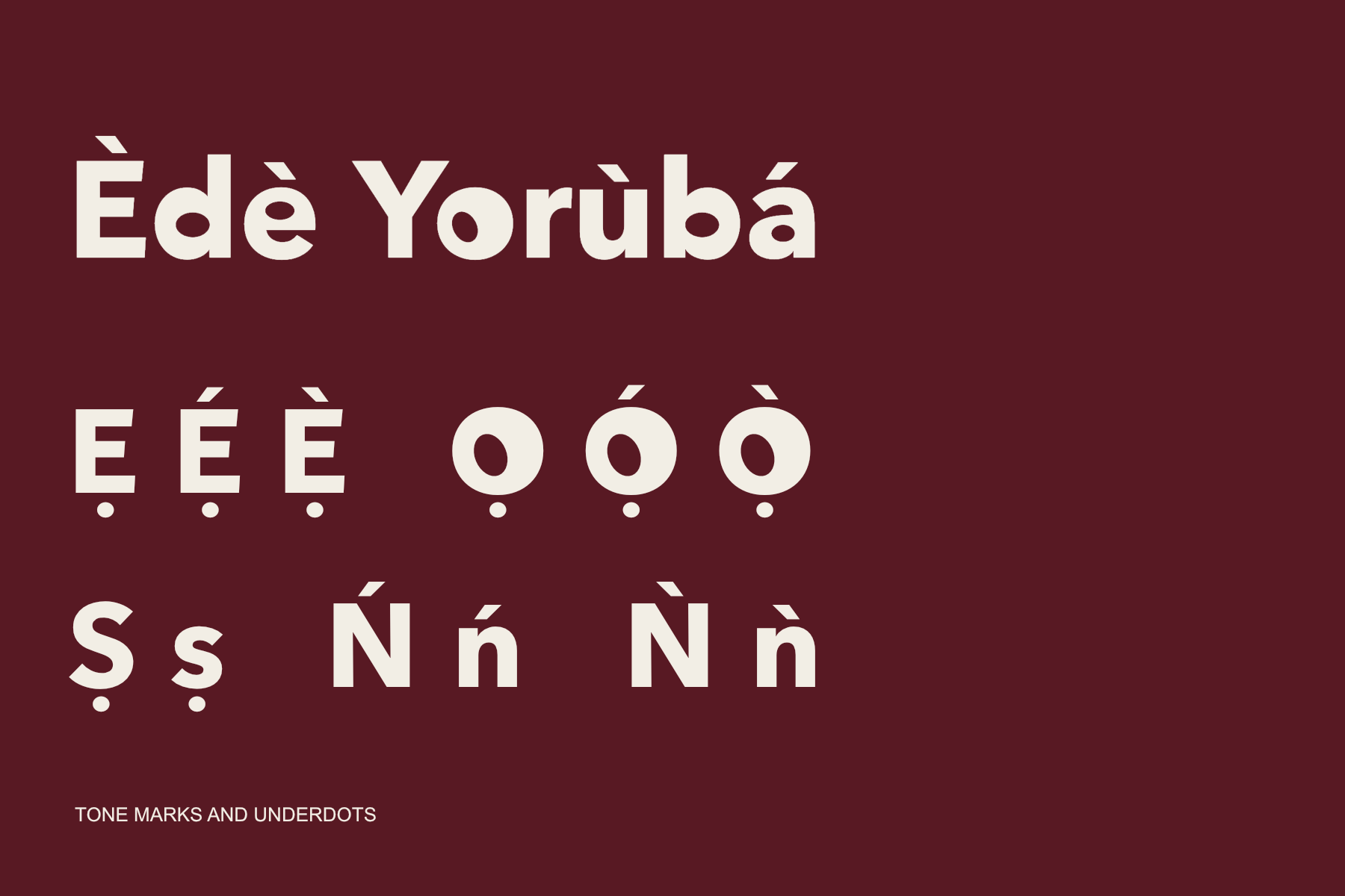 Èdè Yorùbá in cream on maroon, with examples of Ẹ, Ọ, Ṣ, and N carrying underdots and acute or grave tone marks.