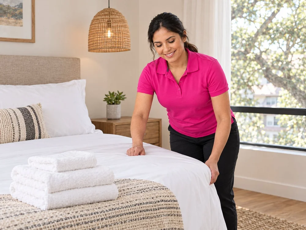 Sparkly Maid Austin cleaner making a bed with fresh towels during an Airbnb turnover cleaning in Austin, TX