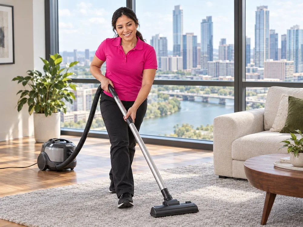 Sparkly Maid Austin cleaner vacuuming a downtown Austin high-rise condo